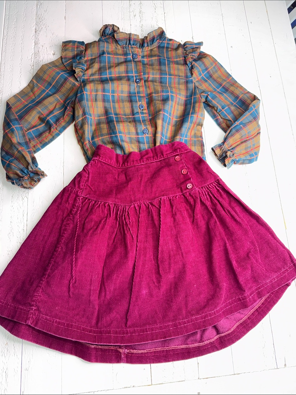 4-5 VTG 1980s Girls Pink Corduroy Burgandy Skirt & Plaid Top long sleeve Set